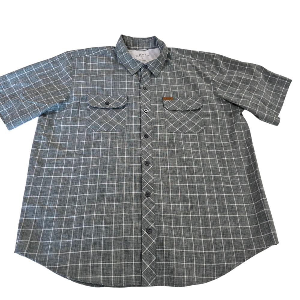 Orvis Button Up Shirt Mens Gray XL Polyester Plaid Woven Flap Pocket Classic Fit